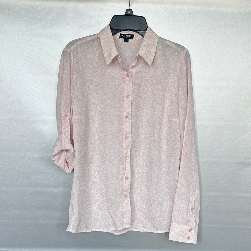 Express pink floral button-down shirt long roll-tab sleeve Sz XS Business Office